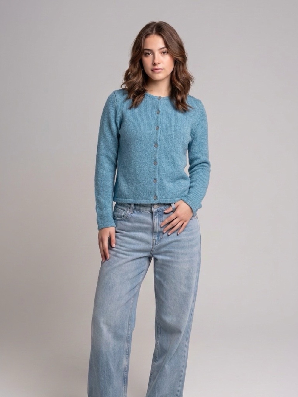 L.L. Bean 100% Cotton Teal Blue Button-Front Knit Cardigan Medium